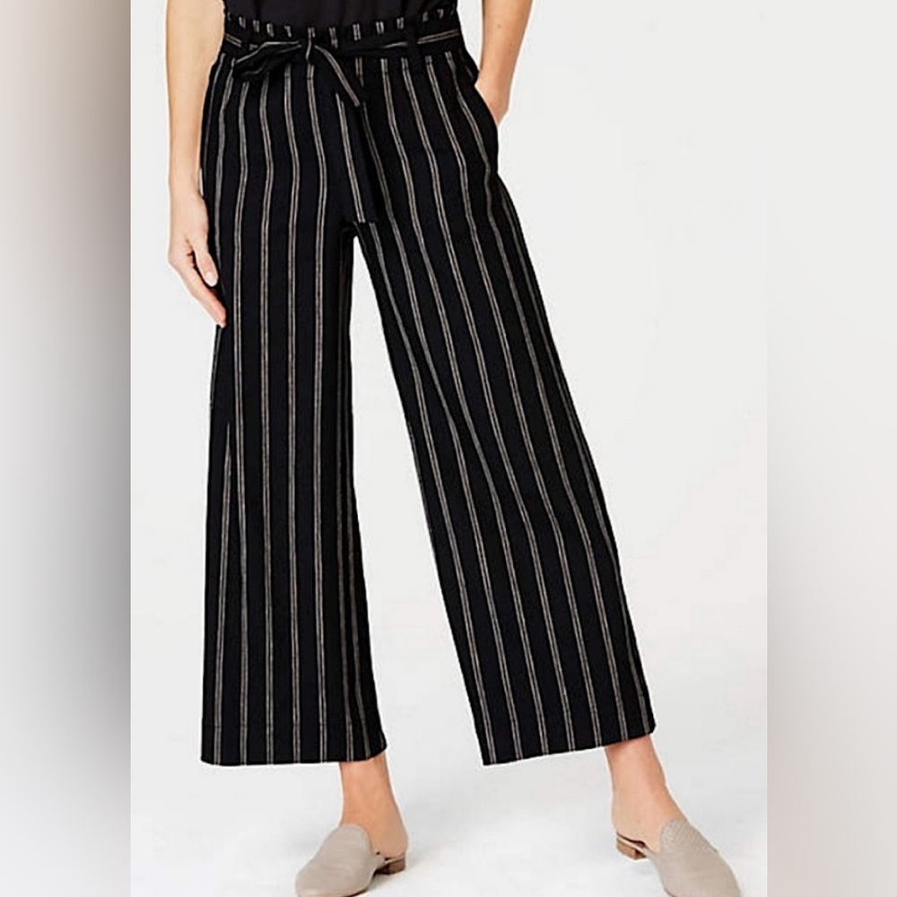 J. Jill Black Striped Emilie Linen Stretch Paperbag Cropped Wide Leg Pants Large